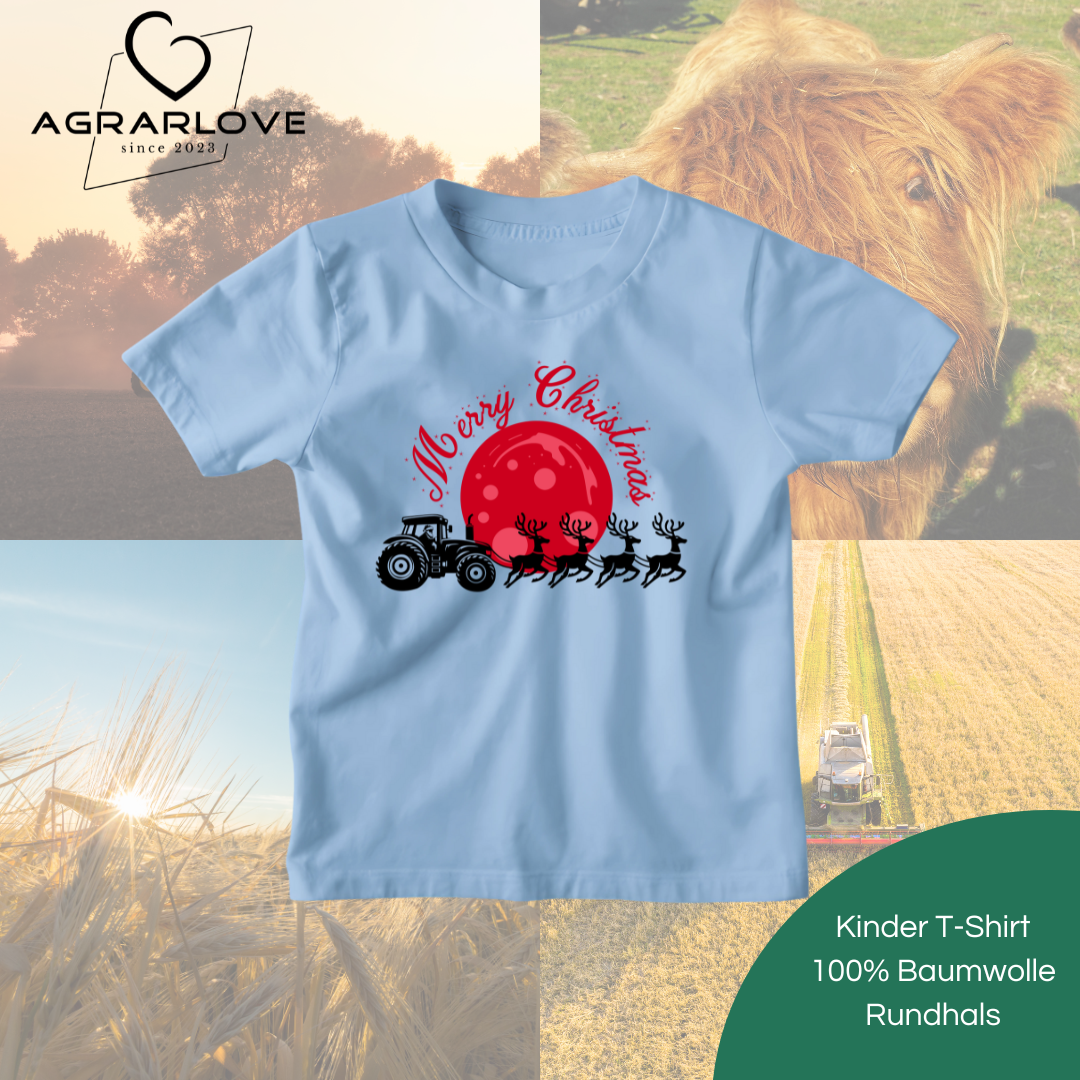Merry Christmas Traktor mit Rentieren | T Shirt Kinder