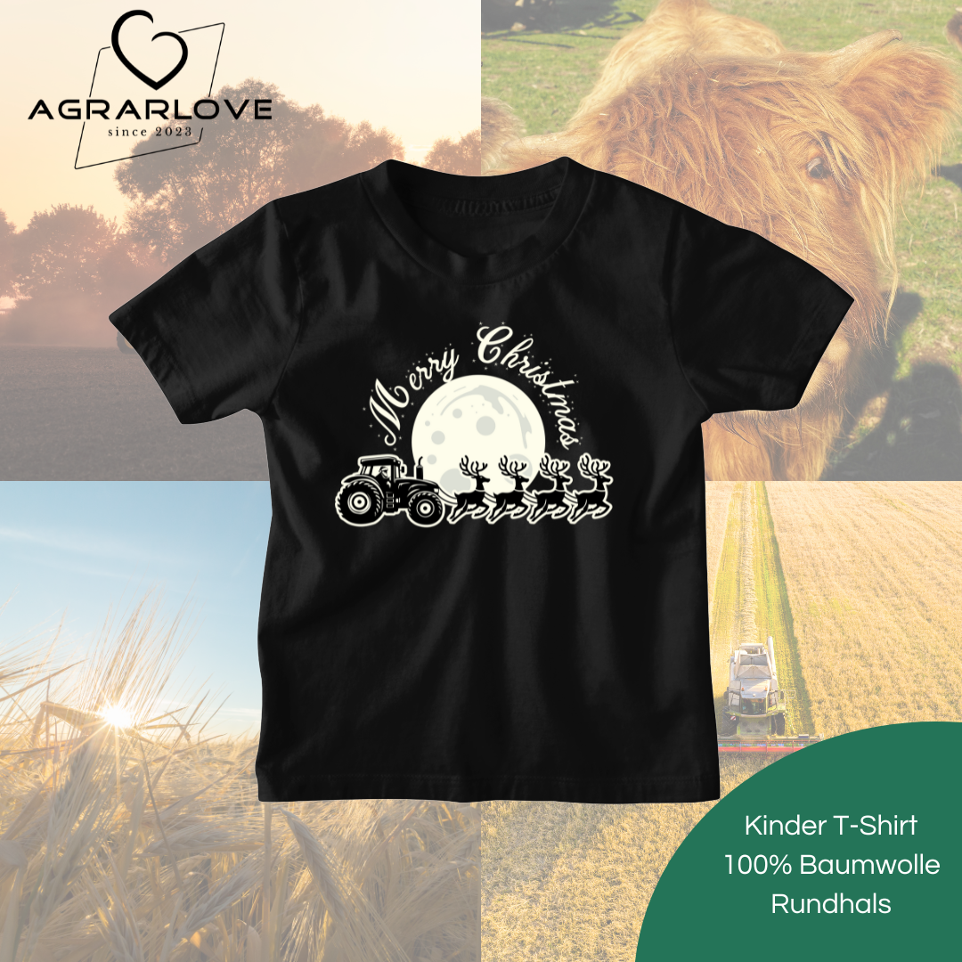 Merry Christmas Traktor mit Rentieren | T Shirt Kinder