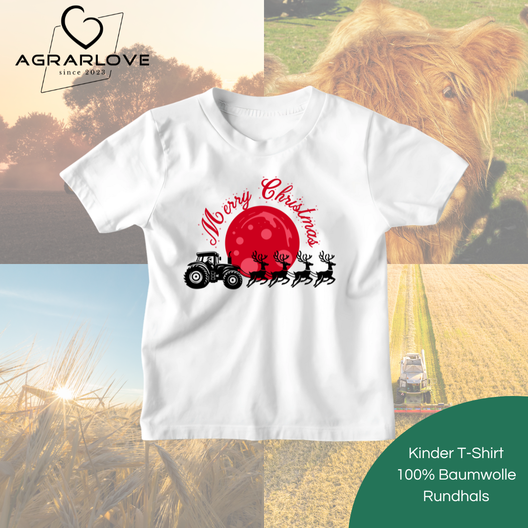 Merry Christmas Traktor mit Rentieren | T Shirt Kinder