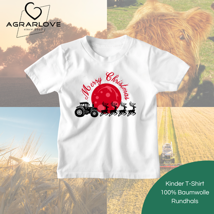 Merry Christmas Traktor mit Rentieren | T Shirt Kinder