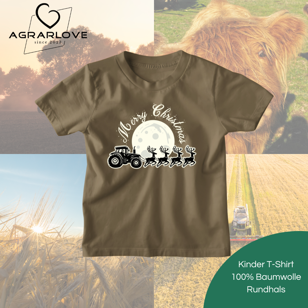 Merry Christmas Traktor mit Rentieren | T Shirt Kinder